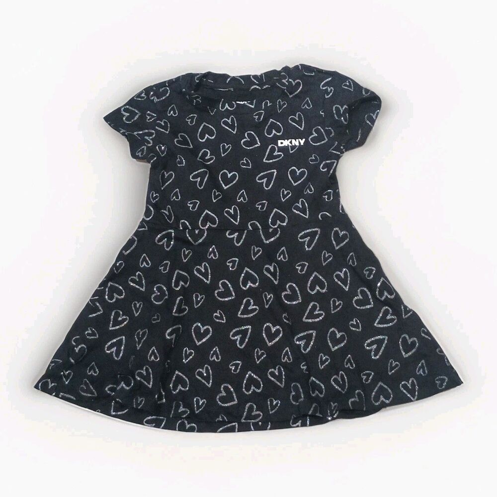 Toddler‎ Girls DKNY Black With Silver Sparkling Hearts Short Sleeves Dress 3T